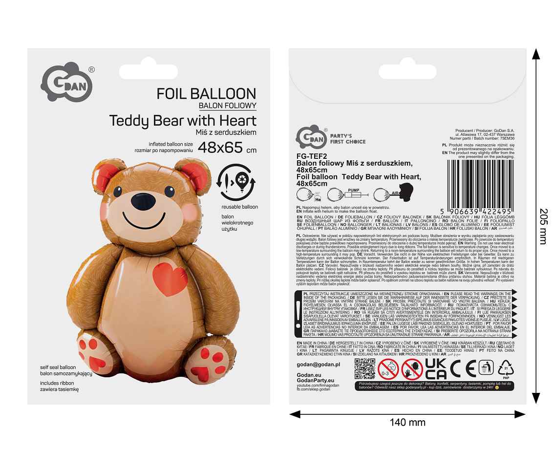 Balon foliowy Miś z serduszkiem 48x65cm FG-TEF2 GoDan